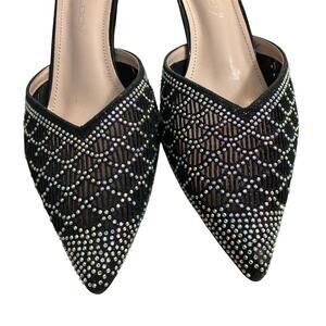 Unilady Rhinestone Mesh Pointed Toe Mule Heels Black 7.5